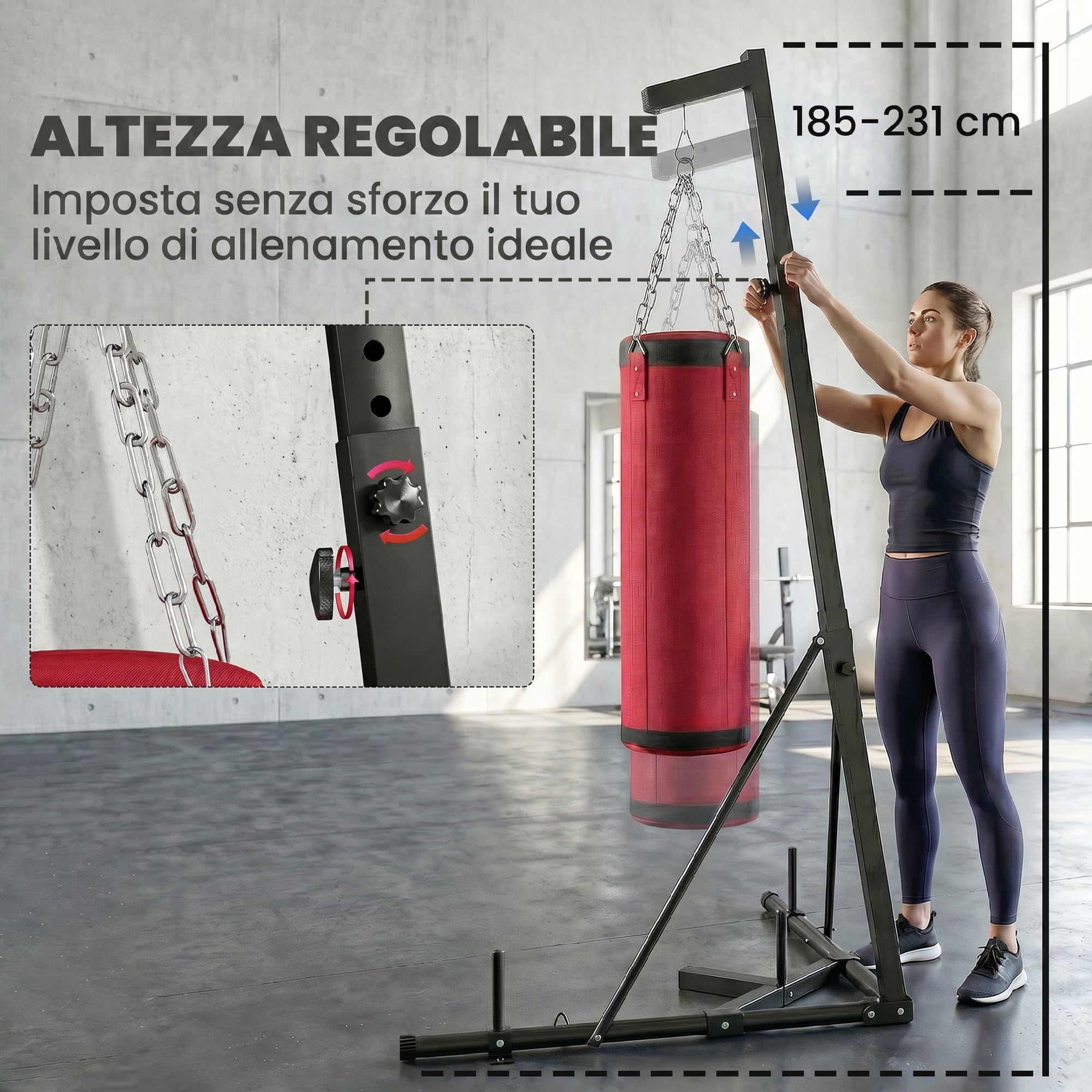 SPORTNOW Sacco da Boxe con Supporto per Adulti, Altezza Regolabile 185-231 cm, Supporto da Boxe con Base Triangolare, Sacco in Tela, Barre per Pesi 2.5cm, per Allenamento Fitness Palestra Casa, Rosso