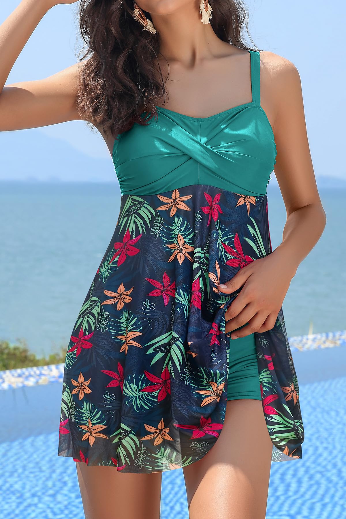 SHEKINI Traje de Baño de Una Pieza para Mujer Elegante Ruched Control Abdomen Tankini Ajustable Bikini de Baño Una Pieza Falda con Shorts de Seguridad
