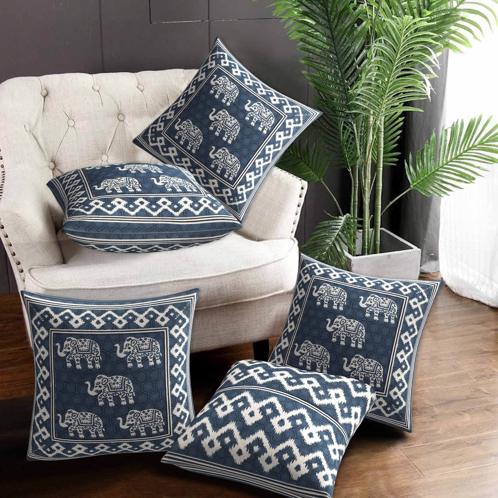 SkyKross - Everyday A New Thing Animal Print 100% Pure Cotton Cushion Cover Set of 5 | Decorative Covers for Sofa,Bedroom,Living Room (16 * 16) (DARKBLUE)
