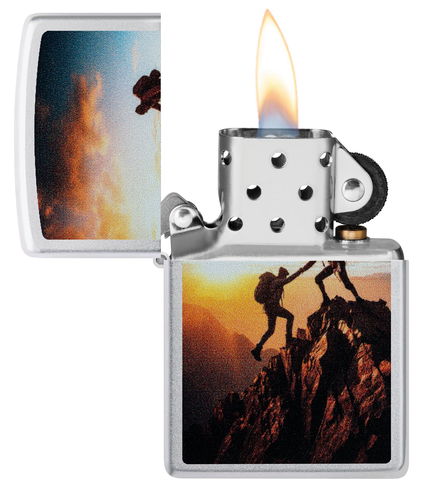 Zippo Mountain Climbing Zapalniczka Sztormowa, Kolorowy Nadruk, do Napełniania, Wielokrotnego Użytku, Wiatroodporna Konstrukcja, Pudełko na Prezent, Wykonano w USA, Satynowy Chrom (Satin Chrome)