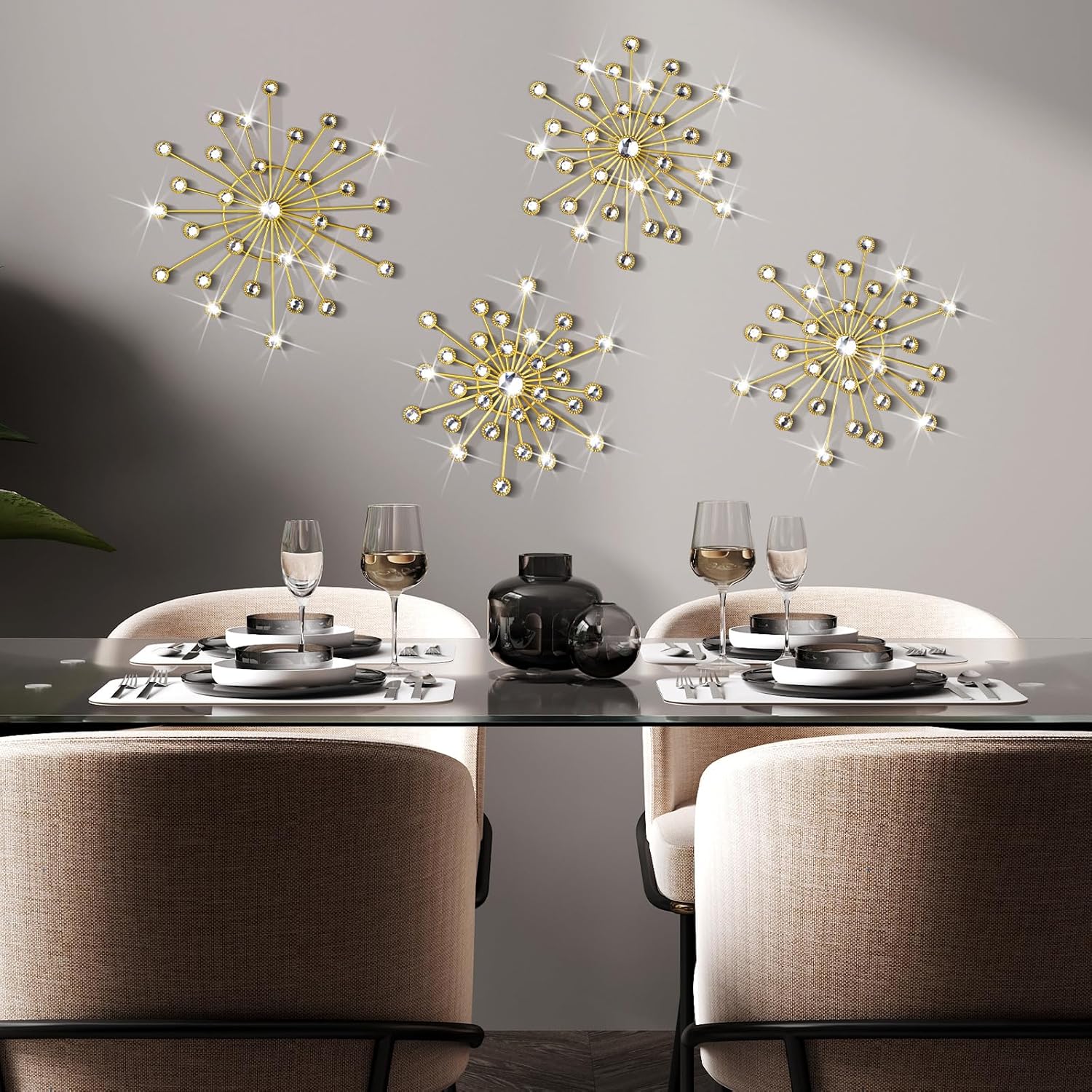 Blulu 4 Pcs Metal Wall Decor Bling Crystal Wall Art Cast Iron Rhinestones Sunburst Decor Starburst Art Hanging Diamond Accents Home Decorative for Living Room Bedroom Entryway(Gold)