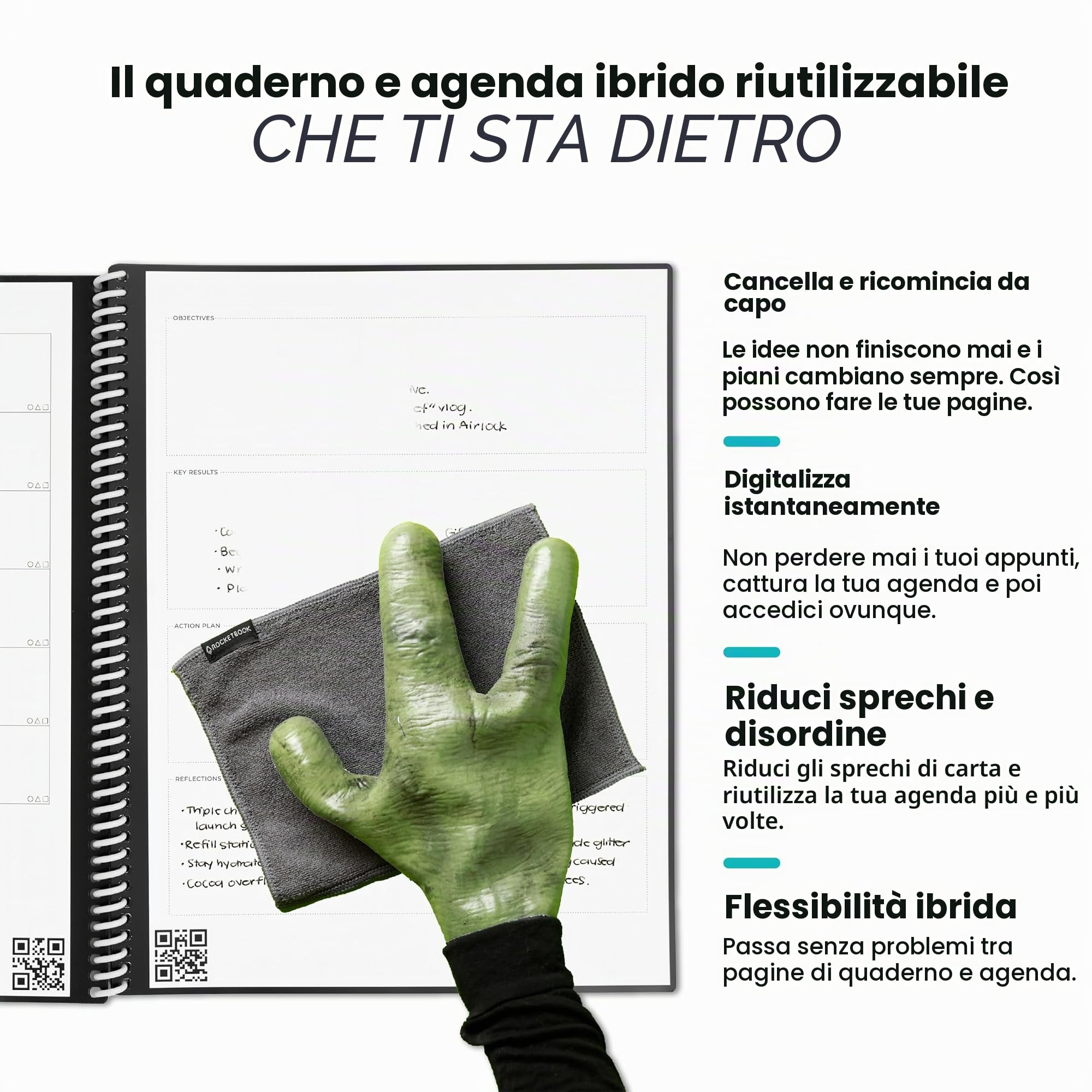 Rocketbook Fusion Quaderno Appunti Digitale - Riutilizzabile Taccuino Digitali A5 Grigio A Spirale Agenda Giornaliera, Planner Settimanale, Penna Cancellabile Pilot Frixion Inclusi, Gadget Tecnologici | Tracciamento degli obiettivi, pianificazione del pro