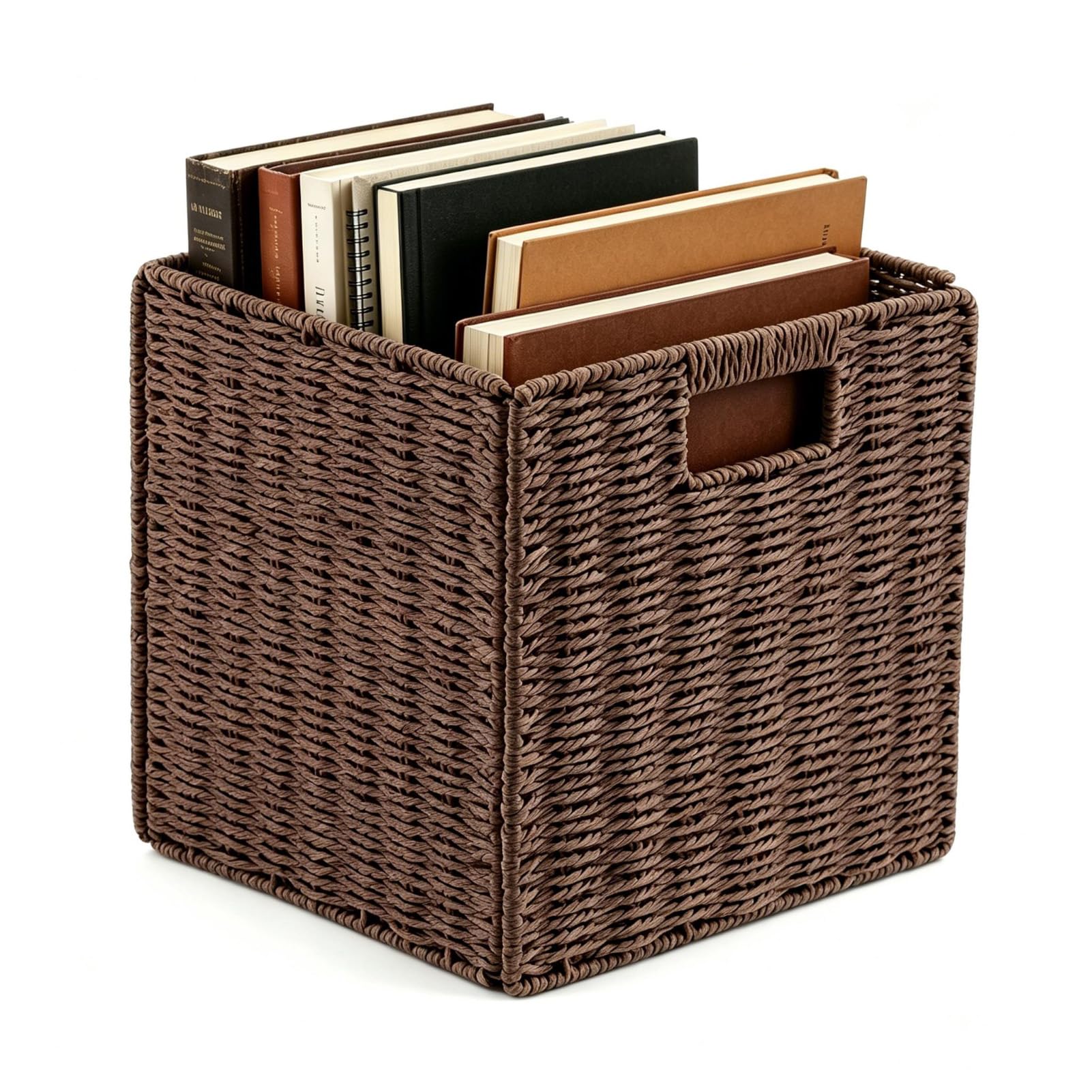 Minifactory Faux Wicker Storage Baskets with Handles Foldable Cube Organizer Bins for Shelves Sturdy Woven Baskets for Laundry Books & Pantry Organization Home Decor Storage Solution (Brown, Large)