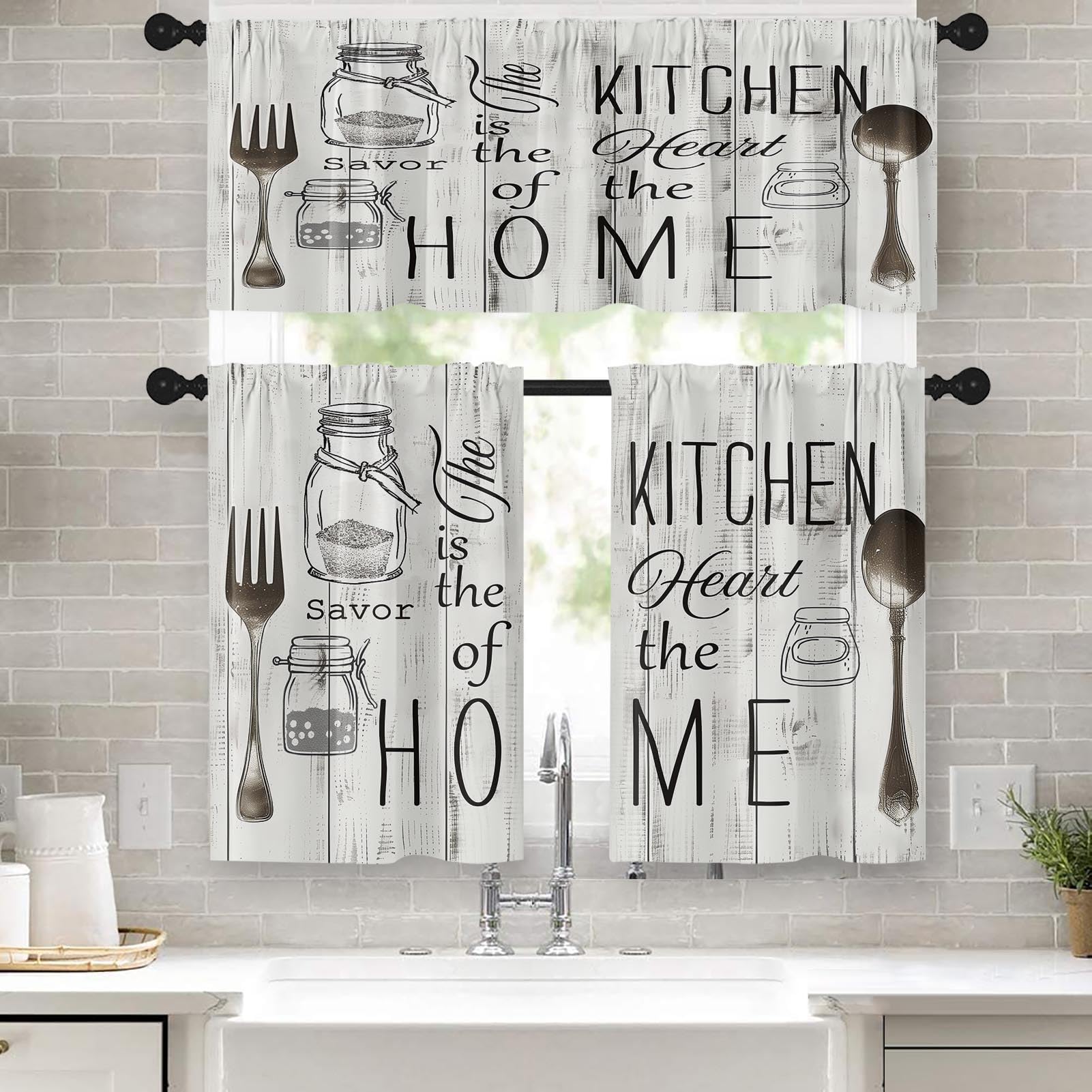 Emvency 36 Inch Kitchen Curtains White Farmhouse Rustic Window Curtains and Valances Set of 3, Vintage Fork Spoon Barn Country Wooden Wood Short Tier