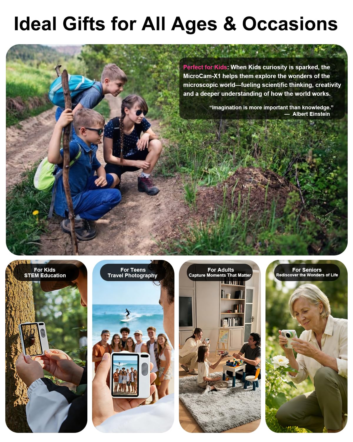 MicroCam-X1 Fotocamera Digitale, Sensore CMOS 12MP, Microscopio 400X, Video 4K, Autofocus, LCD da 3,5 pollici, Fotocamera compatta per bambini per l'apprendimento STEM | Point & Shoot