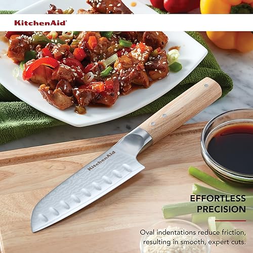 Miniatura 2 de KitchenAid Cuchillo Santoku forjado prémium de 5 pulgadas, hoja de acero de damasco AUS-10, mango de madera de Pakka con triple remache, cuchillo de