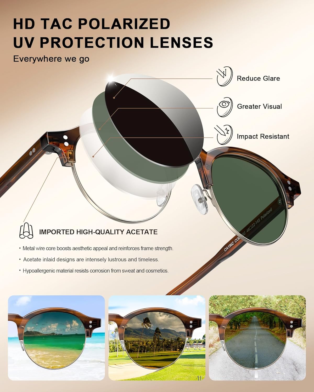 CARFIA Retro Round Polarized Sunglasses For Men, Acetate Semi-Rimless Frames Driving Sun Glasses UV 400 Protection - Image 4