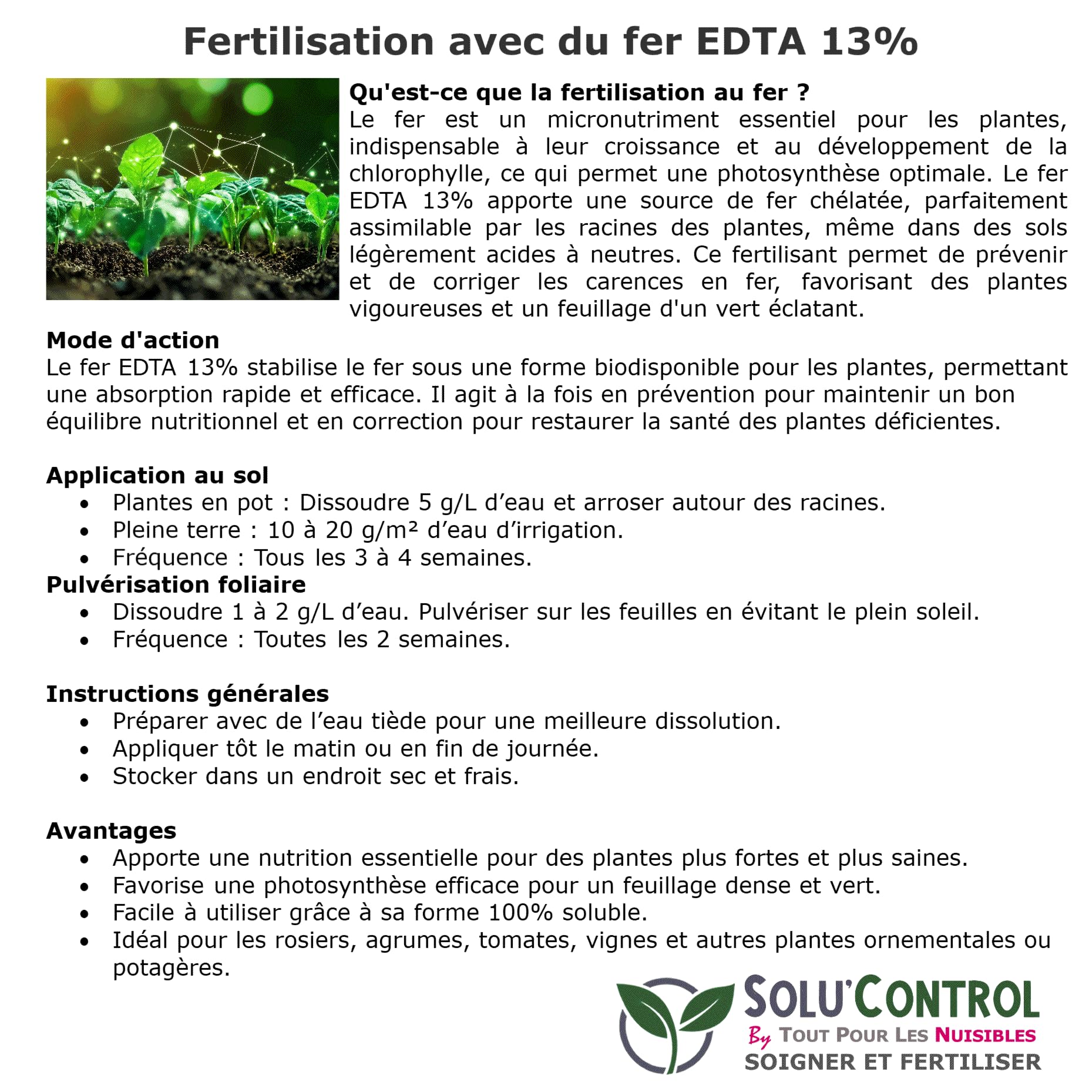 Solu'Control Chélate de Fer EDTA 13%, Anti-chlorose, Fertilisant, Reverdissant, 3 kg