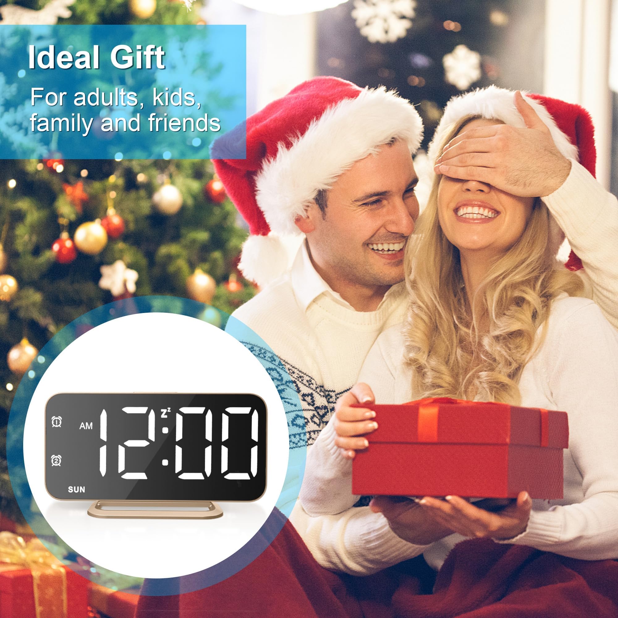 JALL Despertador digital LED delgado con superficie de espejo con función de atenuación, pantalla grande, fácil ajuste y puertos de carga USB