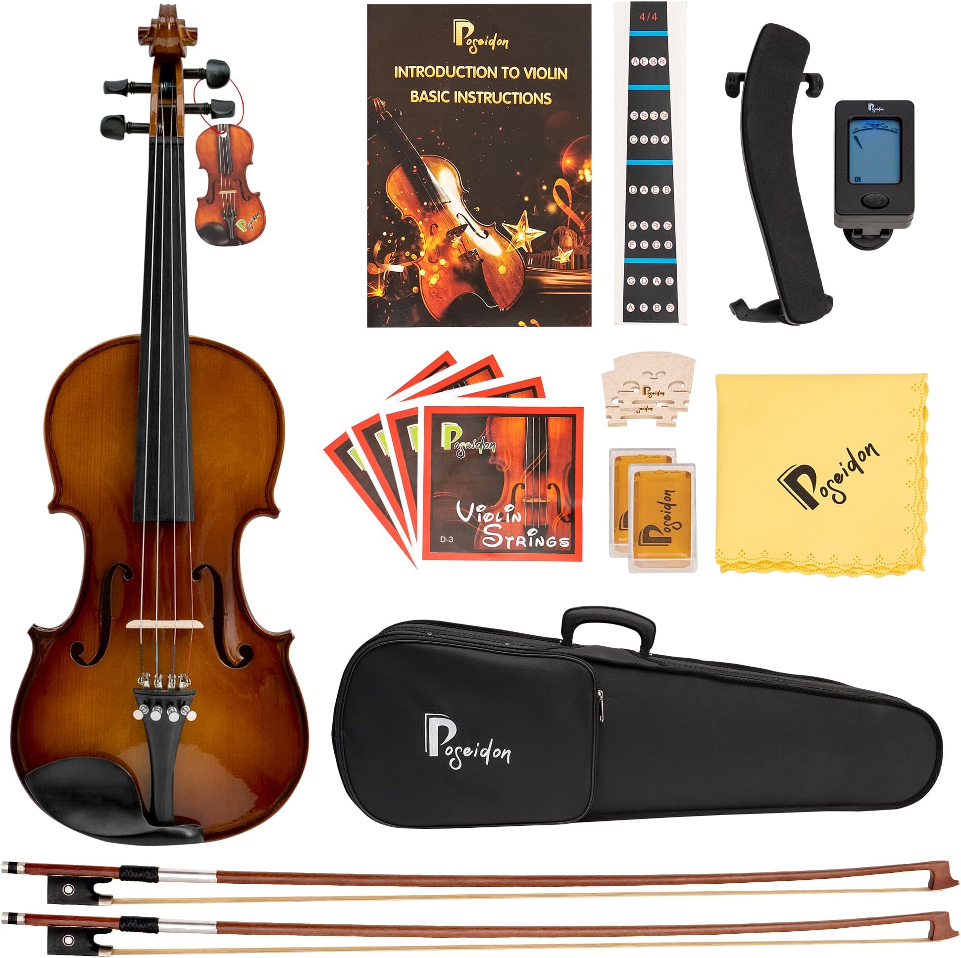 POSEIDON 3/4 Violin Set Fiddle Solidwood for Kids with Ebony Fittings and Spruce Top, Beginner w/Case, Extra Bows, Strings, Shoulder Rest, Rosins, Varnish Wood