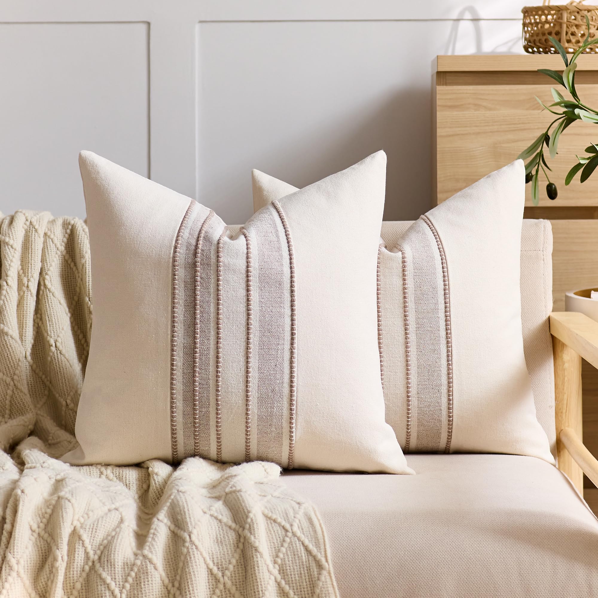 KINDREX Striped Linen Decorative Throw Pillow Covers 18x18 Beige