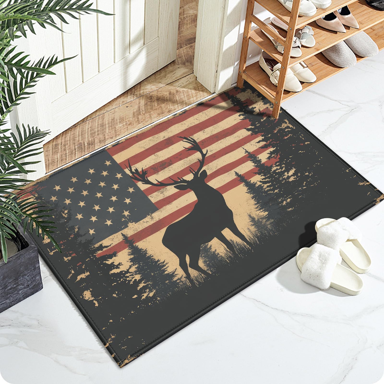Forest Deer Bath Mat for Bathroom,United States Flag Washable Door Mat Absorbent Bath Rug Non-Slip Floor Rug Carpets,for Kitchen Bedroom Indoor