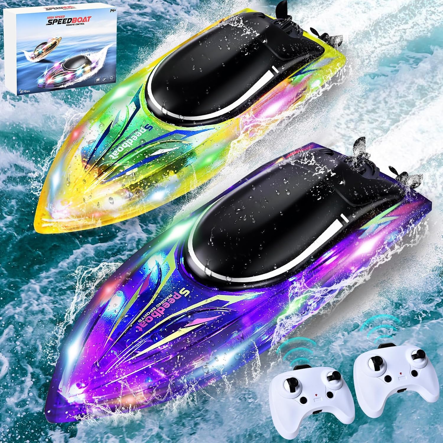 JONRRYIN RC Bateau Télécommandé 2 Pièces, RC Bateau avec Lumières LED pour Enfants, 2,4 GHz Bateau avec Alarme de Batterie Faible, RC Racing Bateaux, RC Boat Enfants Adultes pour Piscines et Lacs