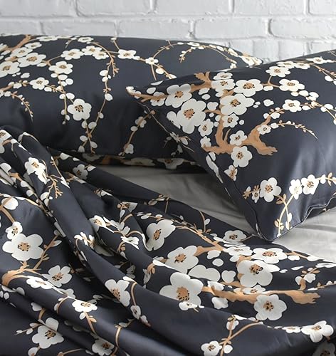 Miniatura 8 de Eikei Juego de ropa de cama de 3 piezas con estampado de ramas florales de flores rojas cerezo estilo oriental japonés, 300 hilos (King, carbón)