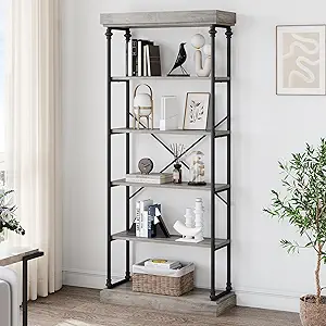 GarveeHome 6 Tier Bookshelf Industrial Bookcase Wood Tall Standing Bookshelves Wood Vintage Display Rack Rustic Bookshelf