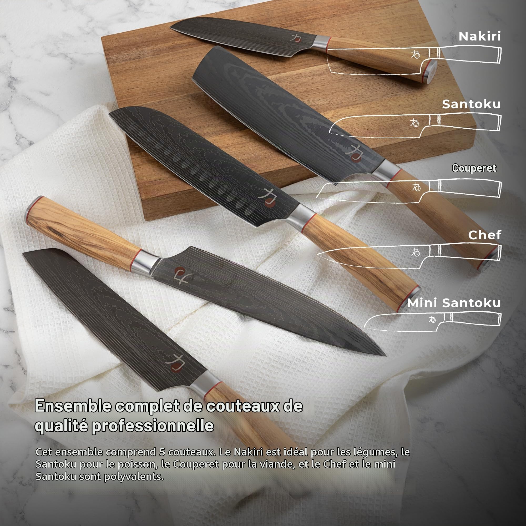 MasterPRO Tetsu | Couteaux de cuisine | Ensemble complet de 5 couteaux japonais | Parfait pour couper tous les types d'aliments | Cuisine Professionnelle | Manche en Bois d'Olivier