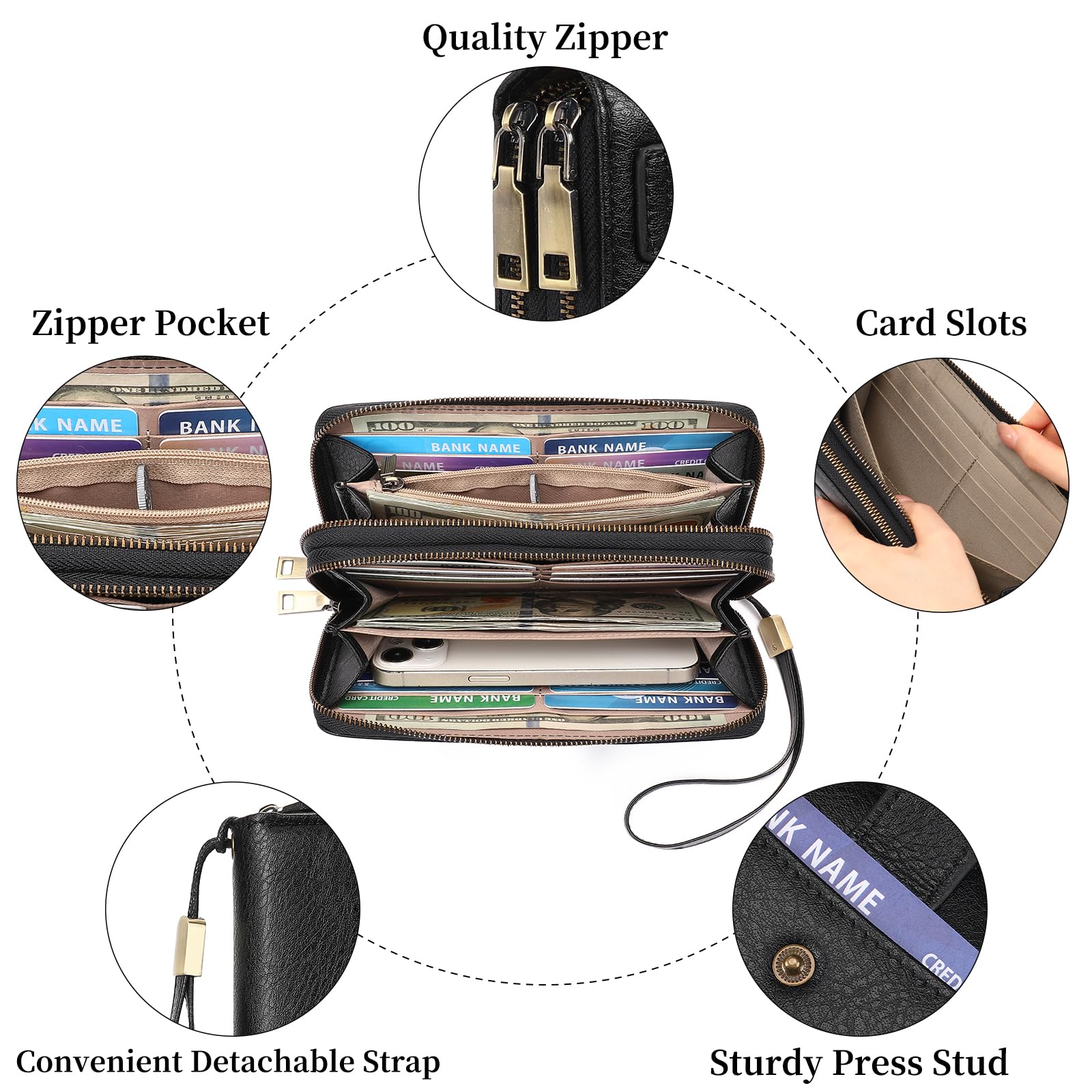 GAEKEAO Portafoglio da donna grande capacità doppia cerniera porta carte da donna porta telefono blocco RFID in pelle pochette cinturino impugnatura