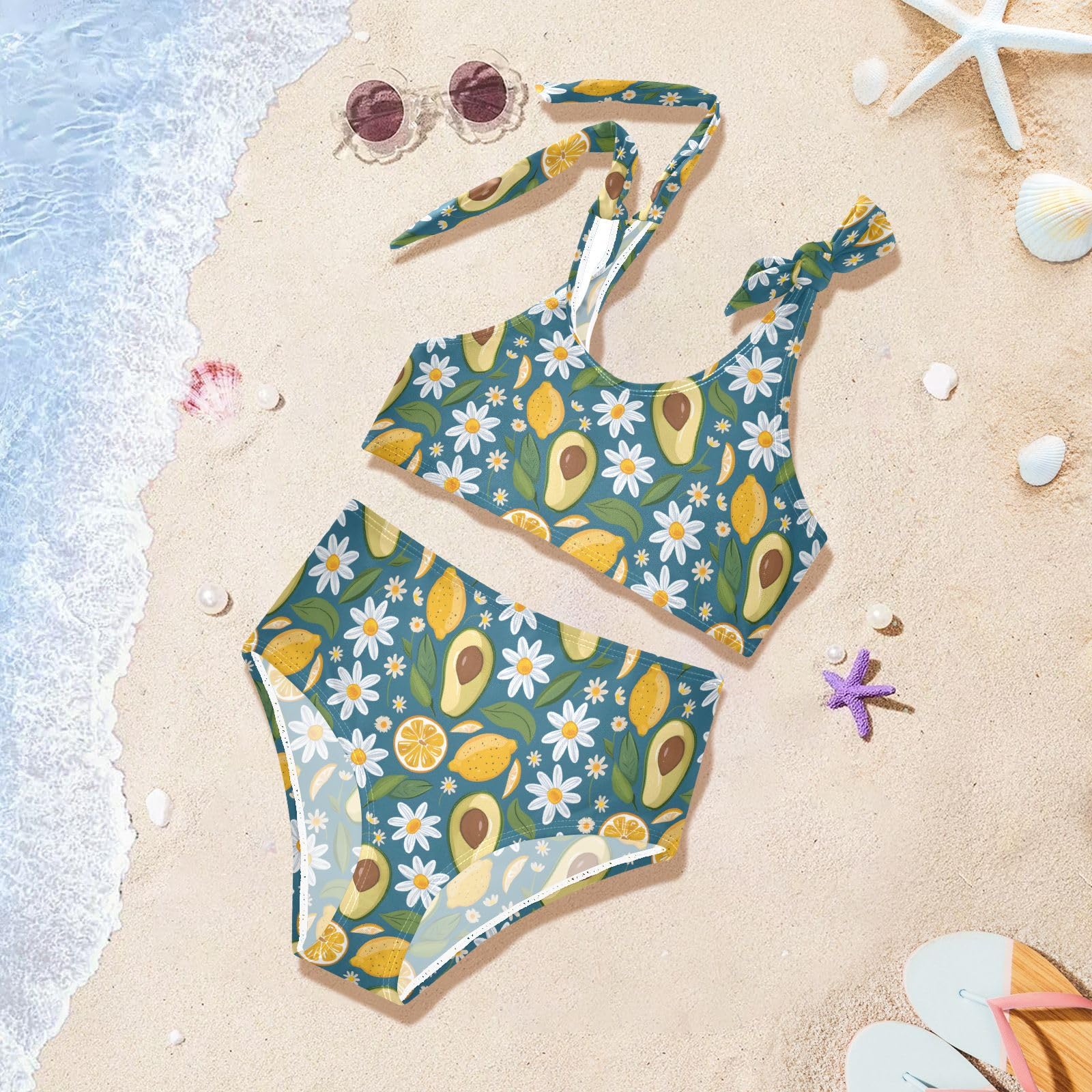 Lemon Daisy Avocado Girls Two Piece Tankini Swimsuits Summer Bathing Suit Beach Swimwear Set, 9-10T