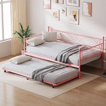 Day Bed with Pull Out Trundle,Twin Daybed with Trundle, Twin Size Mattress Foundation with Metal Slats Support for Living Room, Bedroom and Guest Room