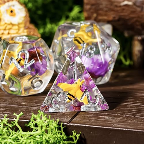 Miniatura 6 de Cusdie 7 dados DND, juego de dados poliédricos rellenos de animales, para juegos de rol D&D (flor púrpura abeja)