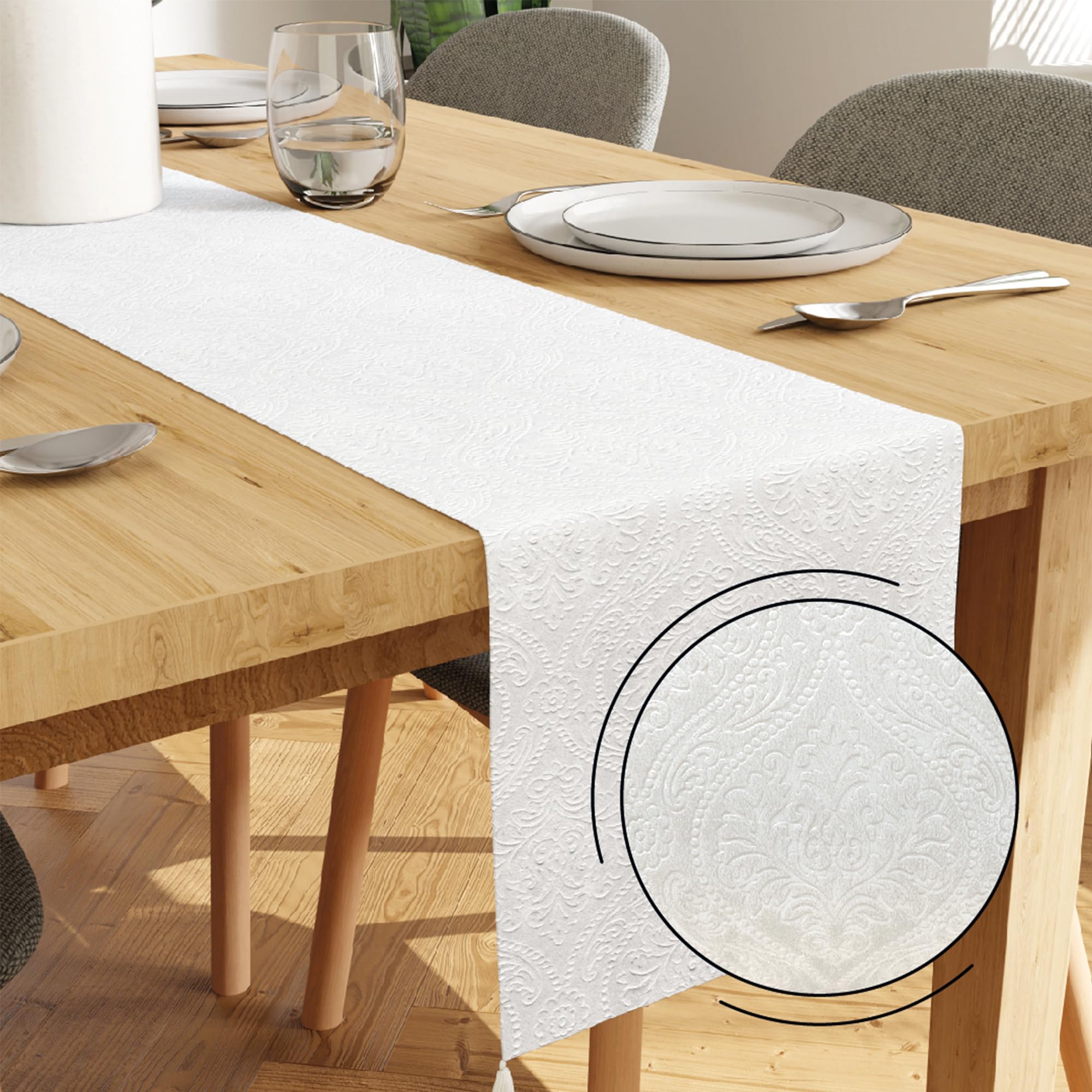 Encasa XO Dining Table Runner | Embossed Velvet | 32x150 cm | White Color with Premium Polyester - Machine Washable