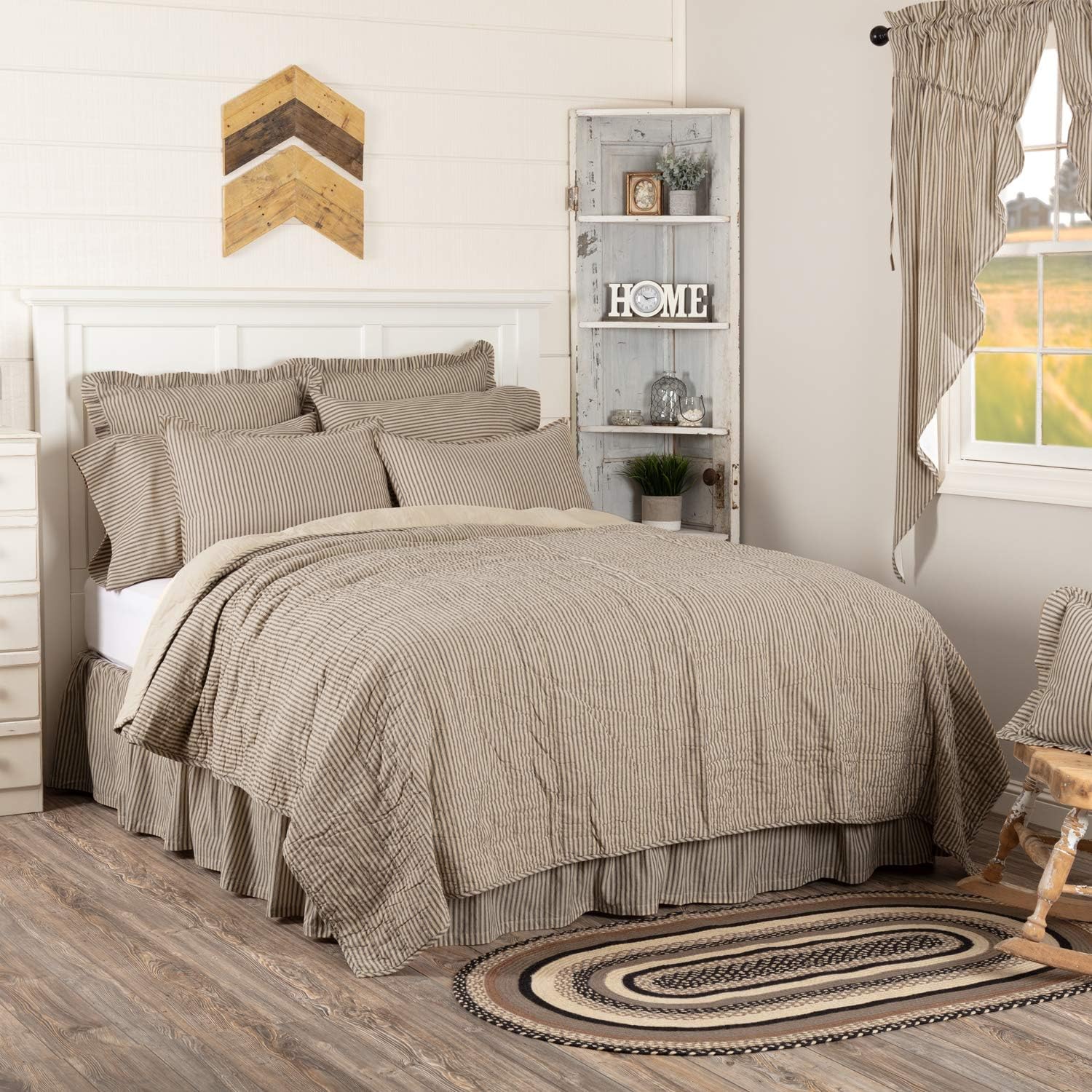 Farmhouse Bedding Miller Farm Charcoal Ticking Cotton Pre-Washed Striped Queen Coverlet, Dark Creme White