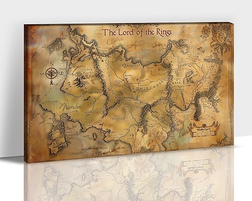 Arte de pared de mapa del mundo grande, impresión en lienzo vintage de mapa de la Tierra Media, arte de mapa de película enmarcada para decoración