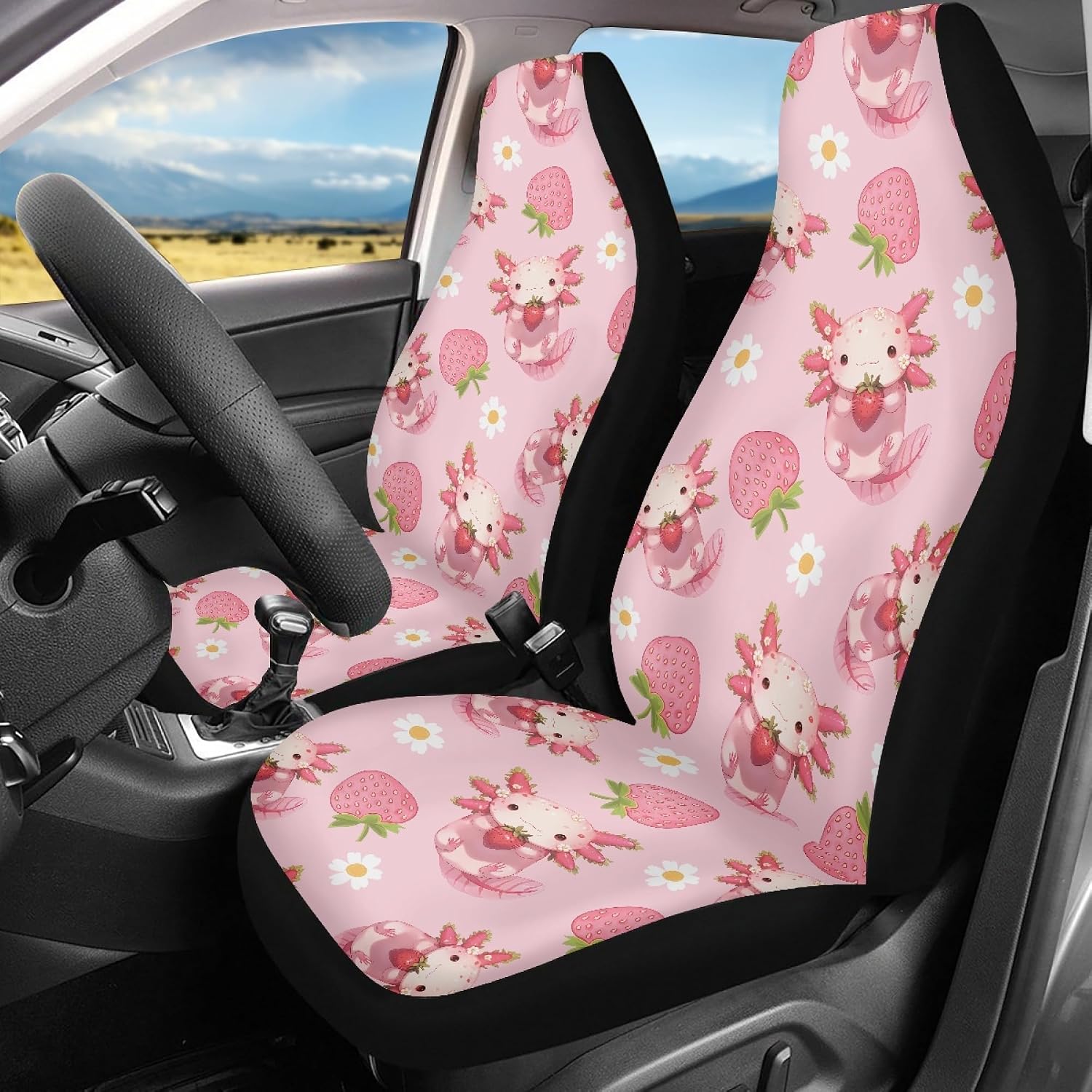Amzbeauty Axolotl Strawberry Car Seat Cover for Front Seat Only Cute Print Auto Interior Decor All Weather Saddle Blanket Cushion Protector(2 Pack)
