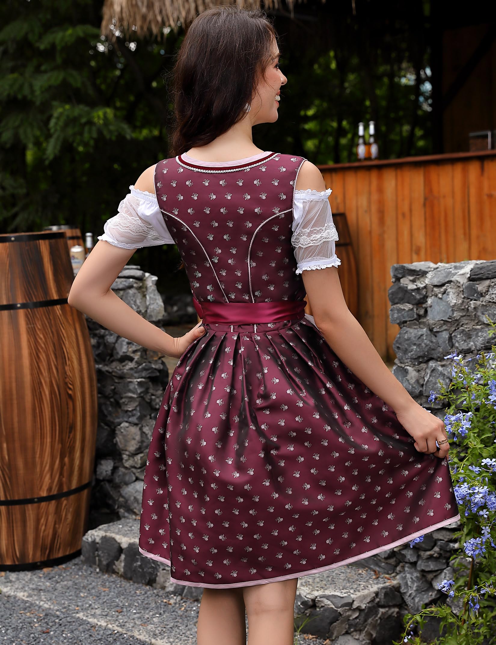 YesFashion Dirndl Damen Midi 3 Teilig Dirndl-komplettsets Oktoberfest Damen Outfit Dirndlkleid Dirndlbluse Dirndlschürze Trachtenmode