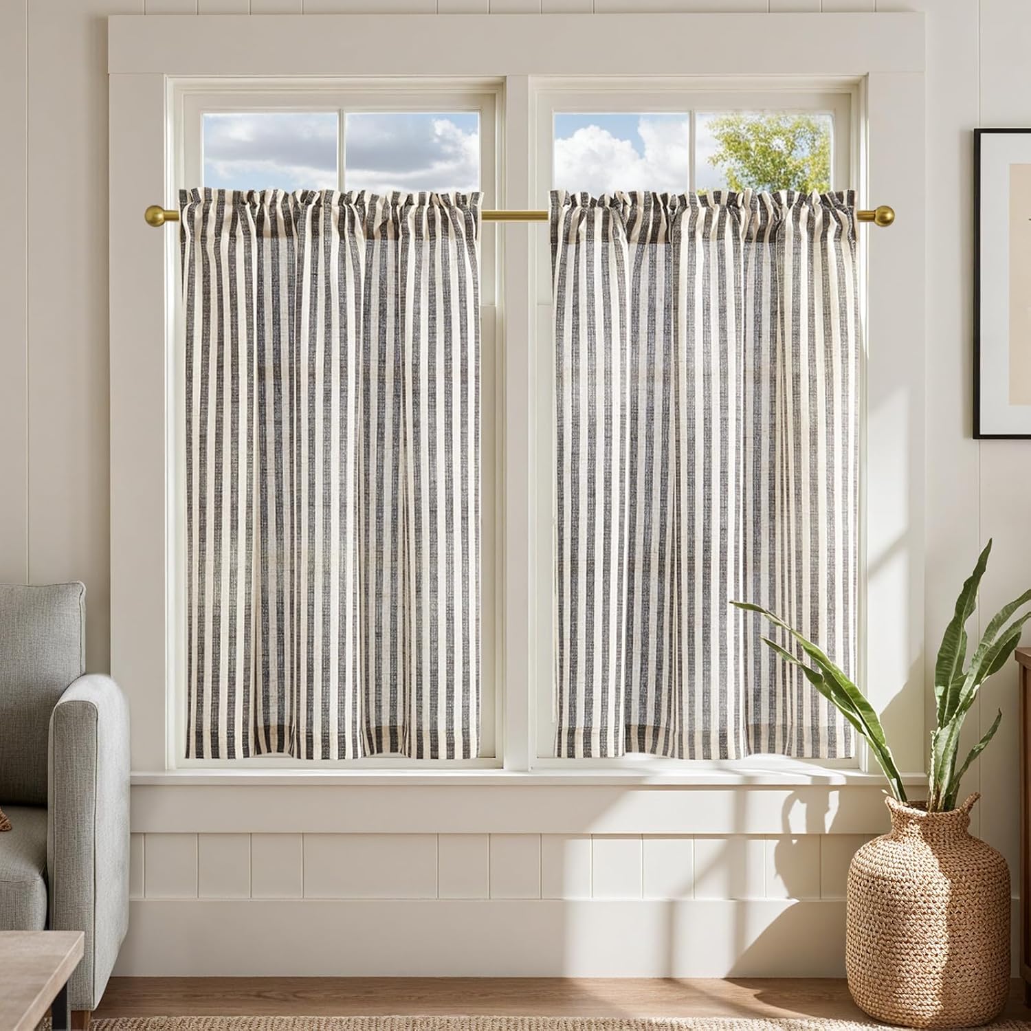 jinchan striped linen kitchen curtains 36 inches length tier curtains farmhouse modern cafe small window treatments airy light filtering rod pocket for living room bathroom 2 panels jet black 26"w x 36"l (pack of 2) rod pocket jet black