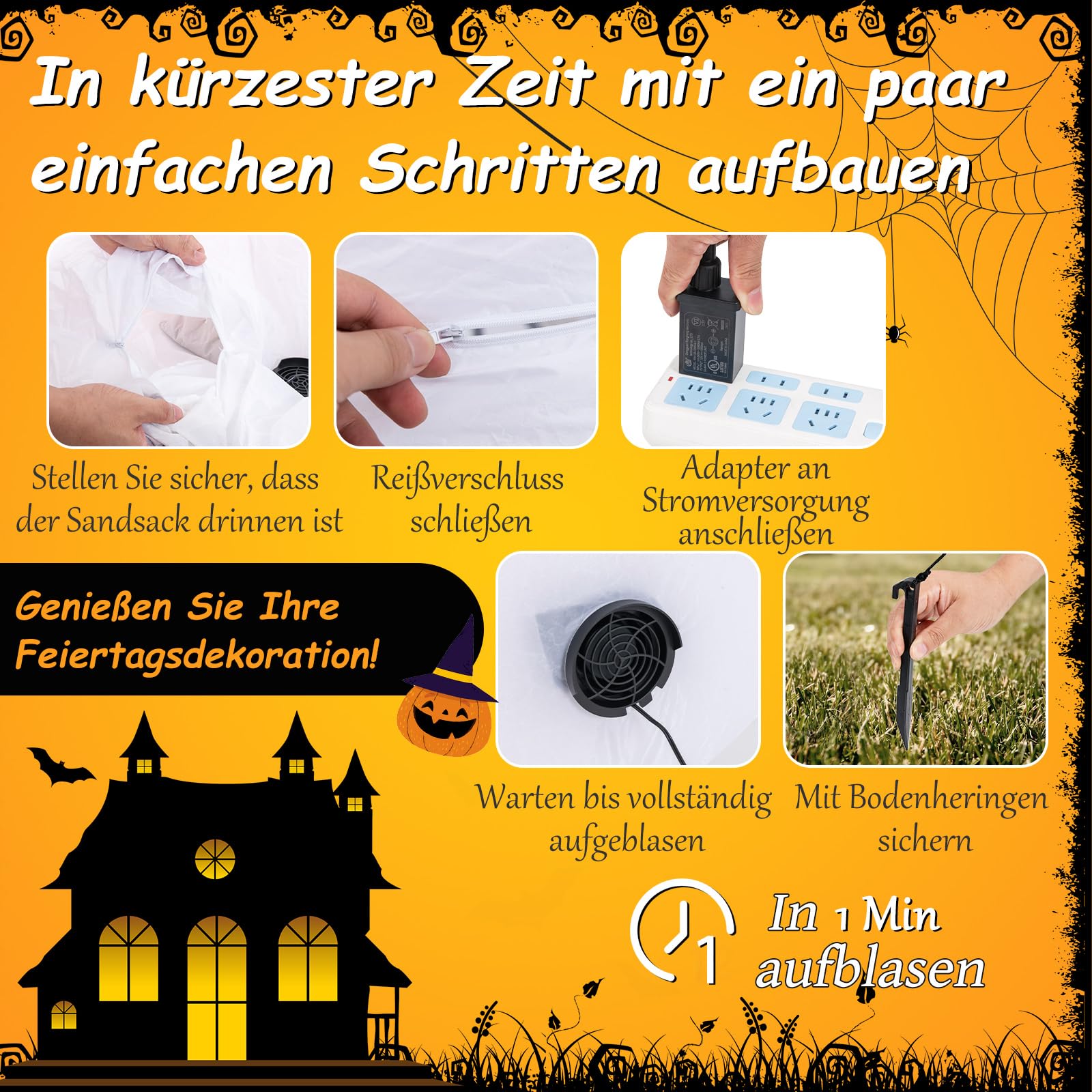 COSTWAY 180CM Halloween Deko Outdoor, LED Aufblasbarer Halloween-Geist mit Kürbis, Schreckliche Dekogeist für Hausgarten Rasen Garten Party, selbstaufblasend