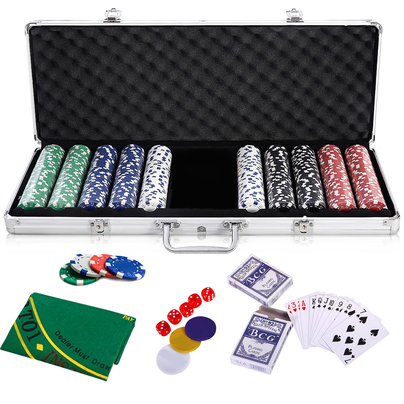 HOMASIS Set da poker con 500 chip, valigetta da poker con 2 mazzi di carte, 5 cubetti, tappetino da casinò, 3 button, custodia da poker professionale in alluminio, set completo di carte da poker per