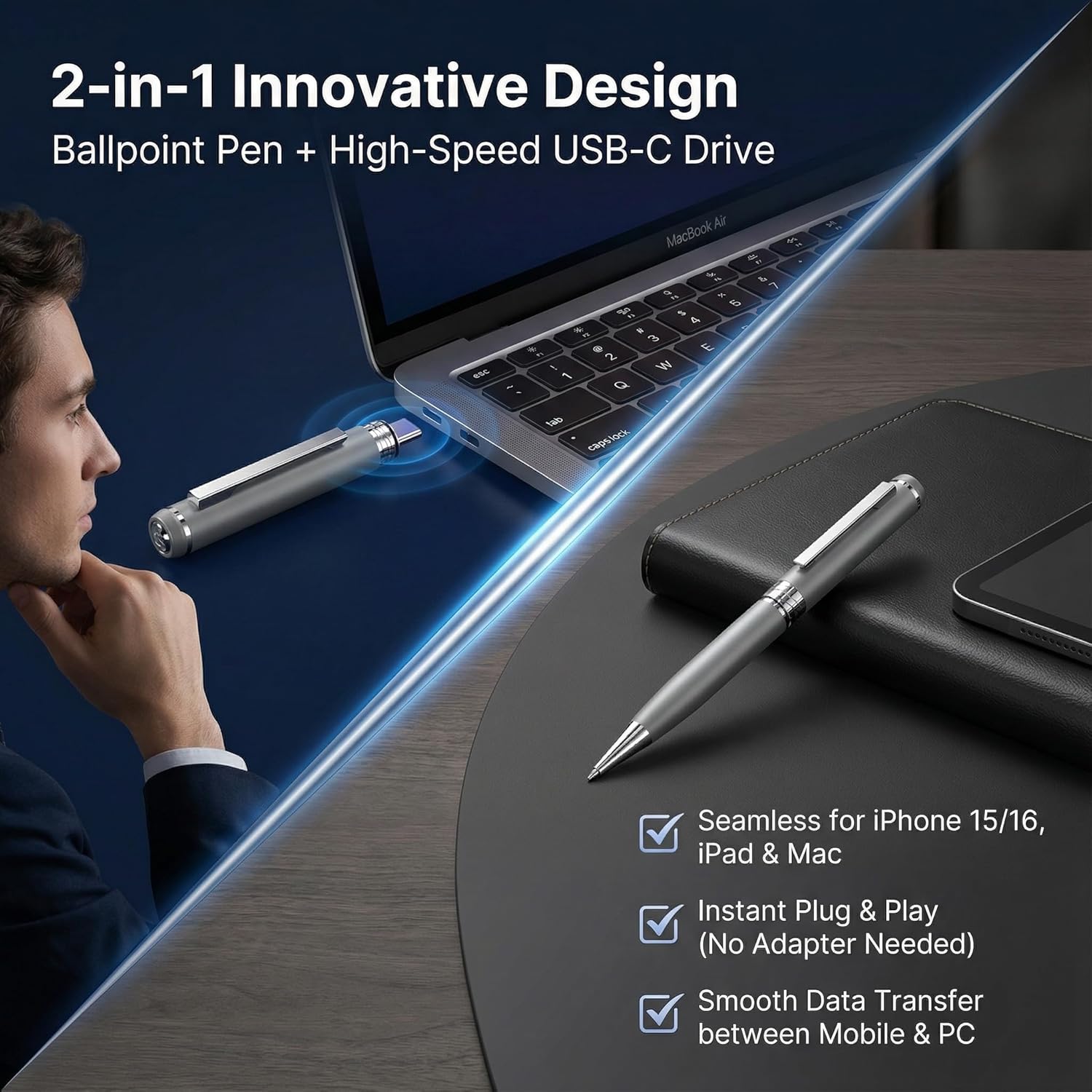 Convoice USB-C Storage Ink Pen (64-512GB), 2-in-1 Gel Pen & High-Speed USB Drive, Compatible with iPhone/Laptop/iPad, for Office/School/Gift (w/Refills) (Silver, 128, GB)