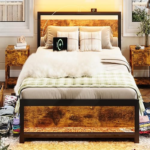 Miniatura 10 de Base de cama de tamaño matrimonial con almacenamiento y 4 cajones, marco de cama LED rústico con cabecera y estación de carga, marco de cama de