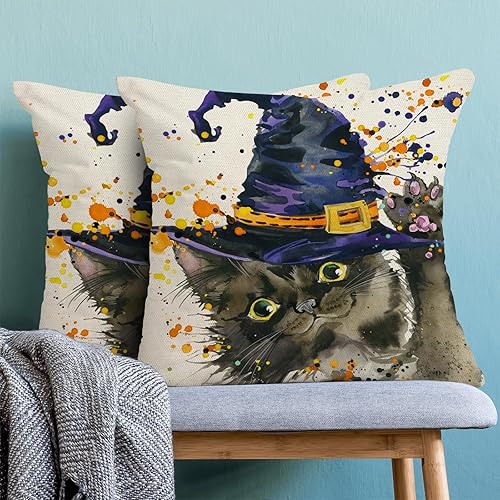 Miniatura 3 de Juego de 2 fundas de almohada de Halloween de 18 x 18 pulgadas, fundas decorativas de Halloween con sombrero de gato y bruja, fundas de almohada de