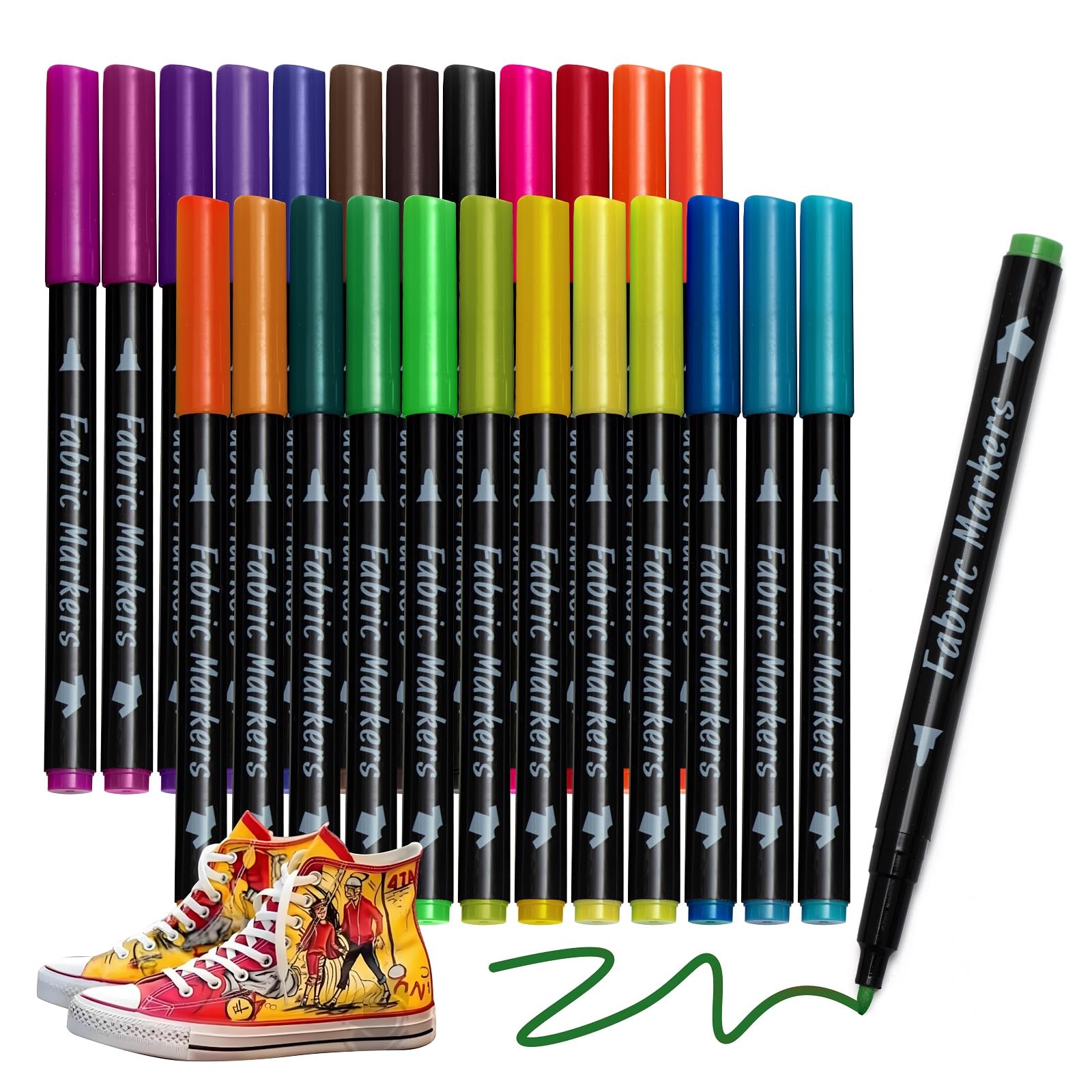 Bedeco Stoffmalstifte Waschfest, 24 Textilstifte Waschmaschinenfest Permanent Stofffarben Wasserfest Textilmarker Stoffstifte für DIY-Kostüme T-Shirts | Textilfarbe für Kinder und Erwachsen