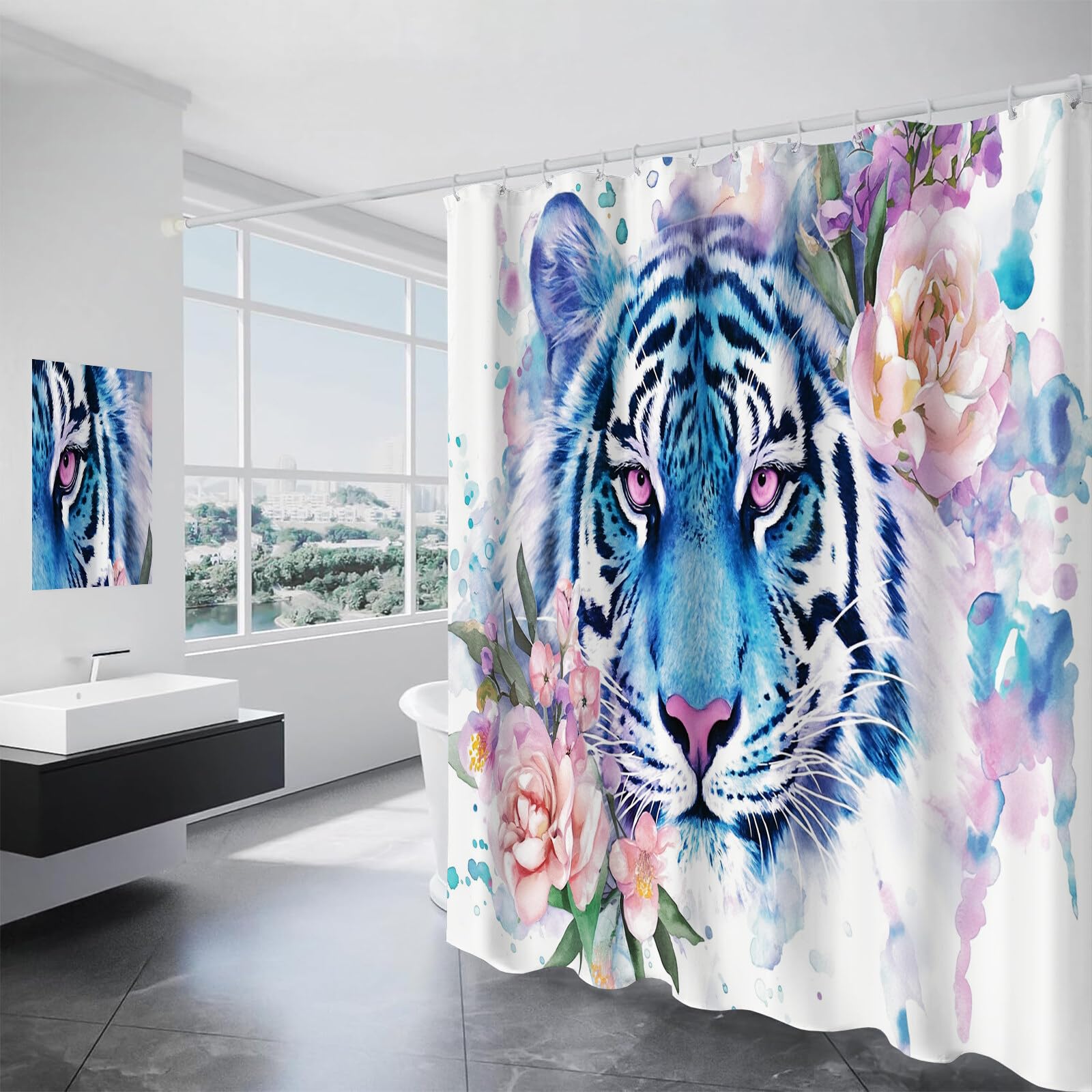Rideau De Douche Tigre des Fleurs Animaux À L'Aquarelle Tissu Imperméable Lavable avec Crochets Anti Moisissure en Polyester Rideau Douche pour Salle De Bain