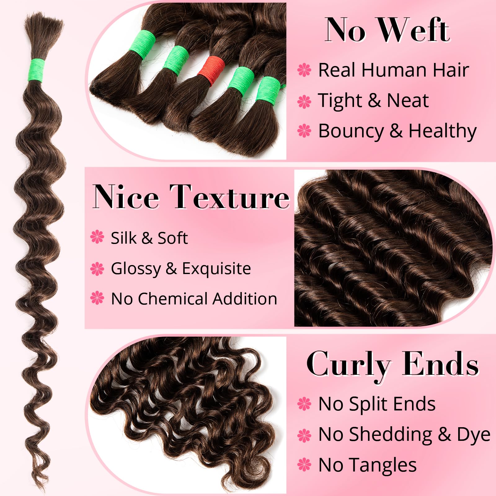 Boho Human Hair Braiding Extensions: Deep Wave Curly Bundles, No Weft, 18inch, 5 Pieces, 100g, #4 Light Brown - Image 2