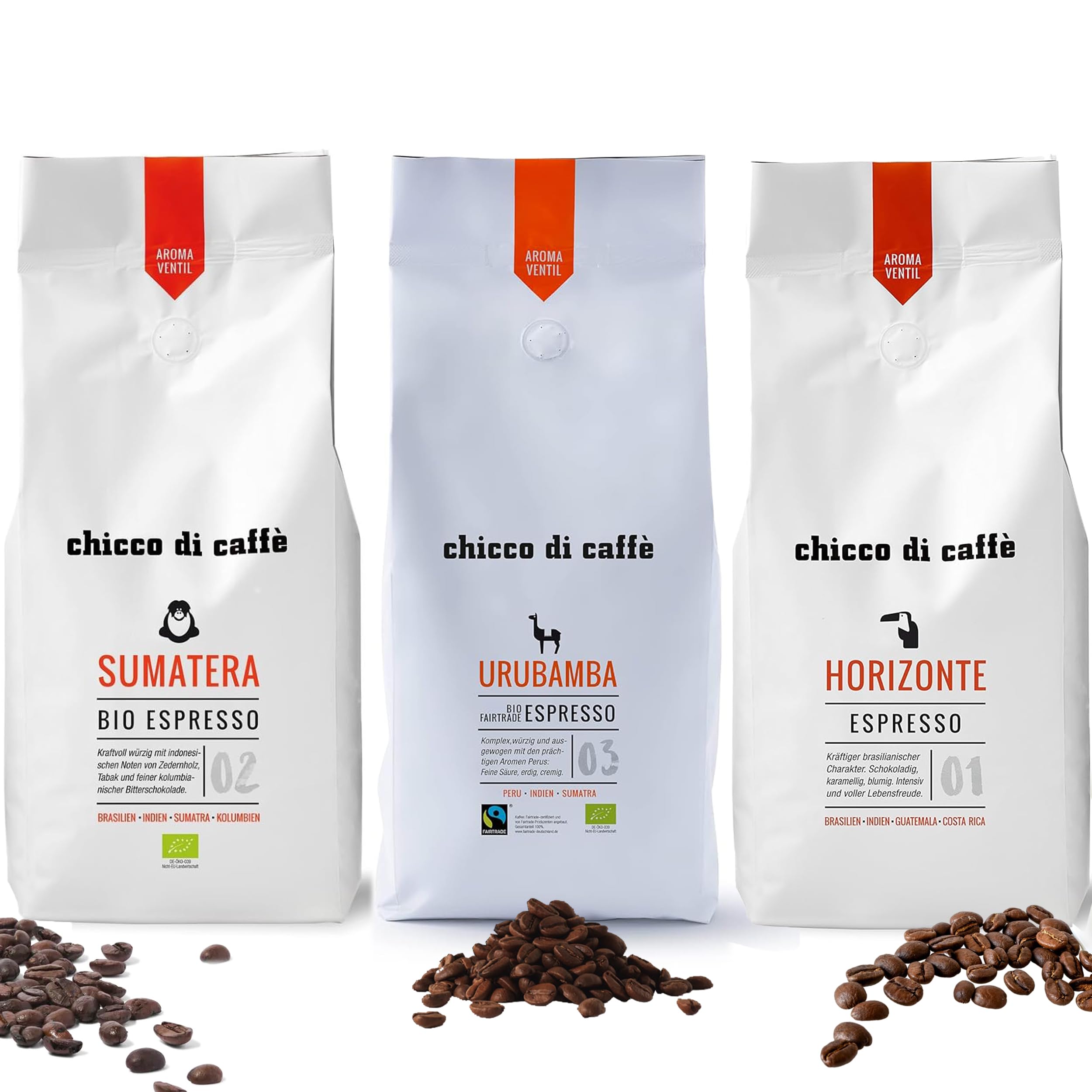 Chicco Espresso Premium Probierpaket groß 3kg ganze Kaffee Bohnen Urubamba Sumatera Horizonte