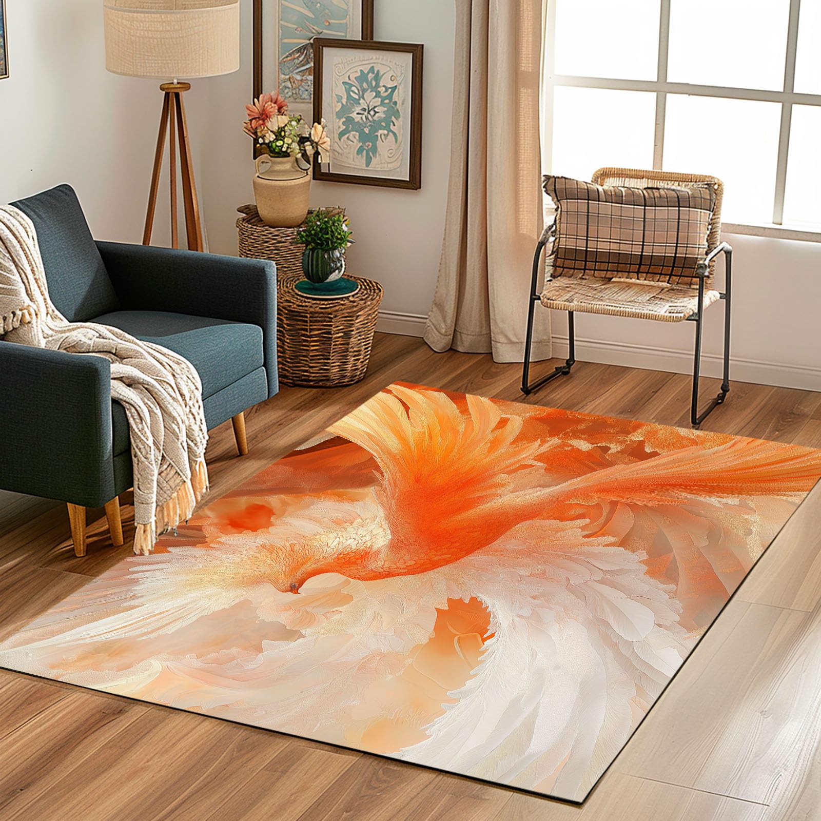 Luxuriöse Tiere Phönix Orange Teppich Wohnzimmer 160x230cm rutschfest Kurzflor Schlafzimmer Teppich Waschbar Bemaltes Tiere Phönix Bettvorleger Teppiche für Büro Bereich Dekor Teppisch