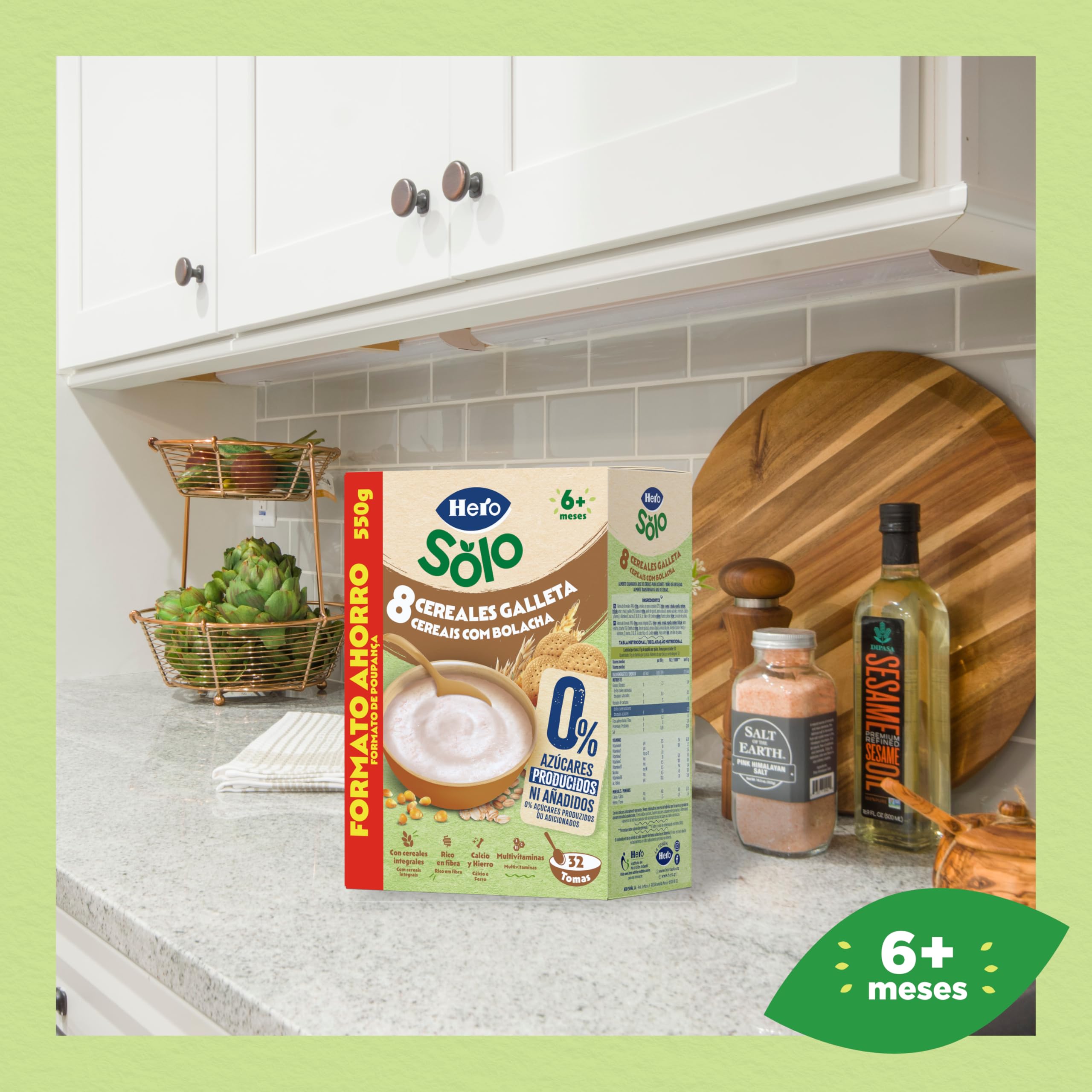Hero Solo Papilla 8 Cereales con Galleta, Sin Azúcares Añadidos, Rica en Fibra y Vitaminas, Sabor Natural para Bebés, a partir de 6 meses, 6 ud x 550gr