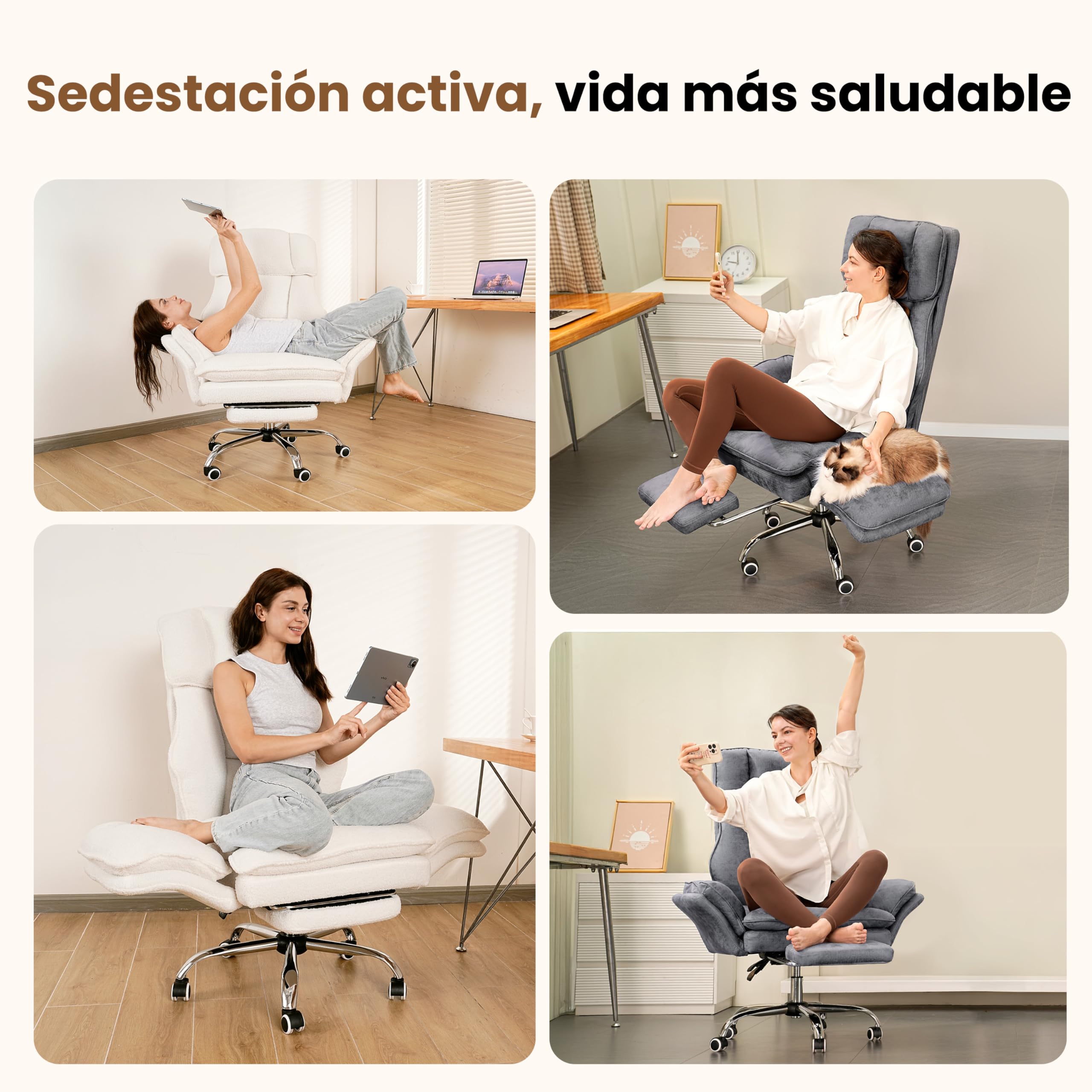 HOMRELEXA Silla de Oficina Ejecutiva Ergonómica Grande y Alta, con Reposapiés, Reposabrazos Abatibles y Respaldo Alto, Felpa de Pelo Rizado - Blanco