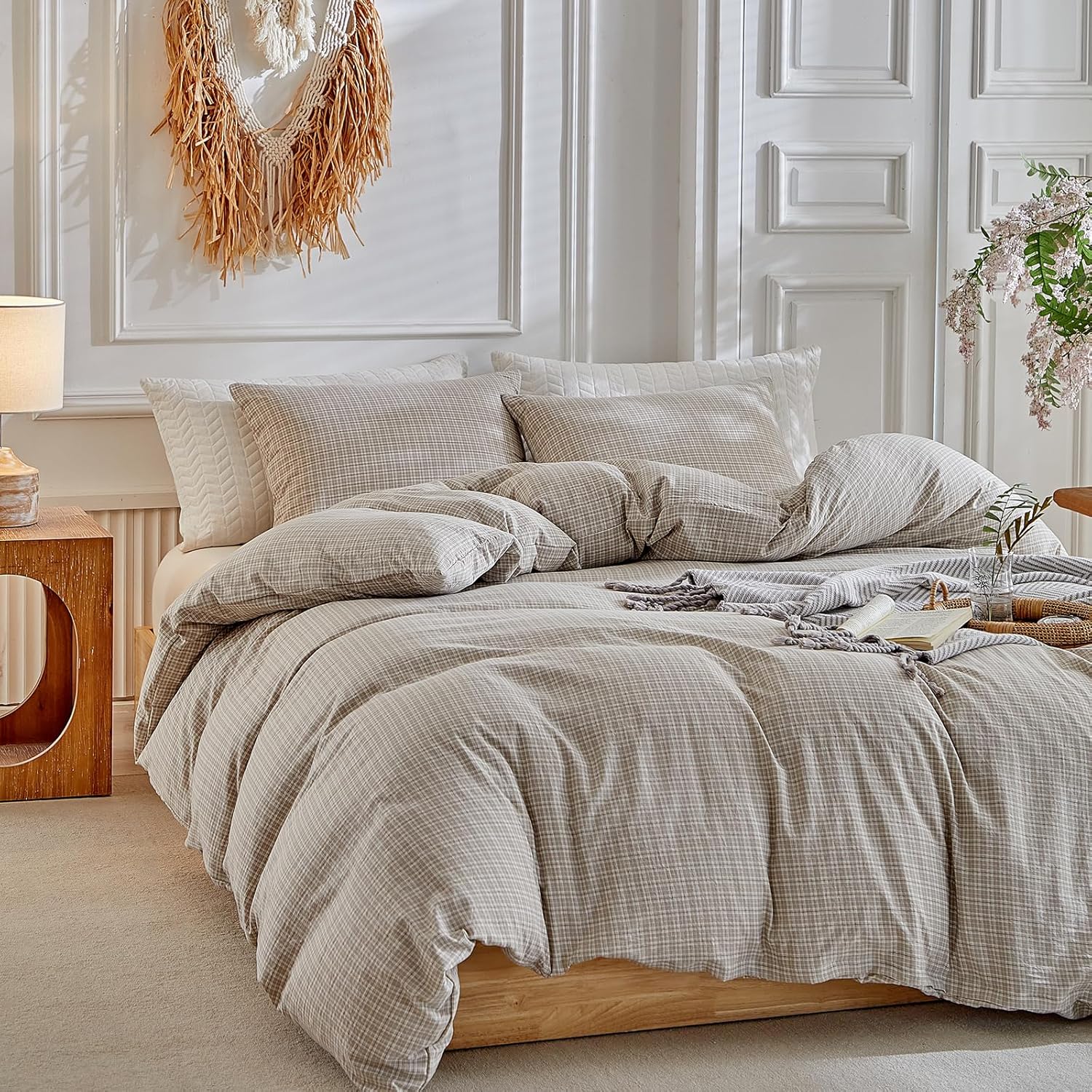 DuShow Grid King Duvet Cover Set - Taupe Plaid Checkered Washed Microfiber Comforter Cover Set, 3 Pieces Soft Reversible Bedding Set(Taupe,King) - Image 3