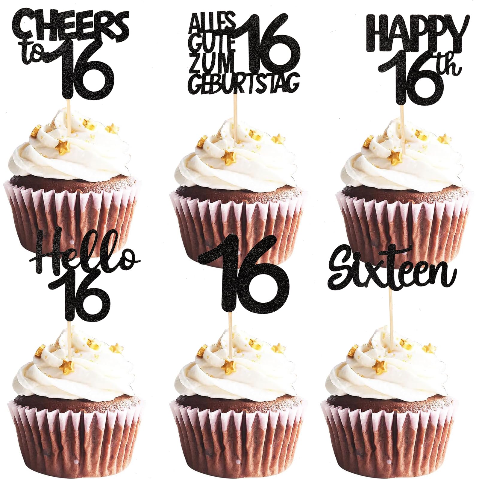 ALEGRE Cupcake Deko 16 Geburtstag,24 Stück Sweet 16 Tortendeko 16 Geburtstag Junge Mädchen,Schwarz Muffin Deko 16. Geburtstagdeko,Hello 16 Cupcake Topper 16. Geburtstagdeko,Happy 16th Kuchendeko 16
