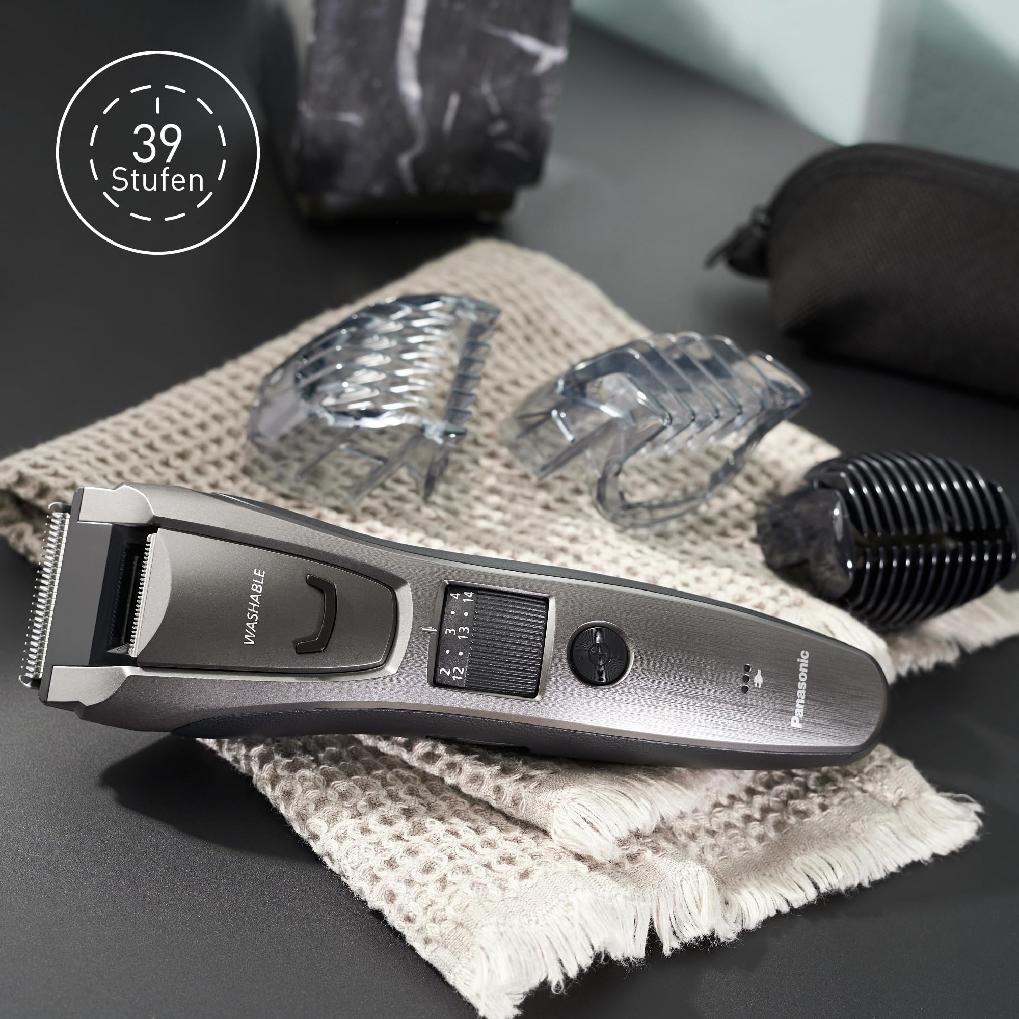 Panasonic ER-GB80-H503 Bart-, Haar- & Körperschneider für Männer, tragbarer kabelloser, wasserdichter Trimmer, 39 Längen, 3 Aufsätze, Präzisions-Trimmer, kabellos & kabelgebunden, Dunkelsilber