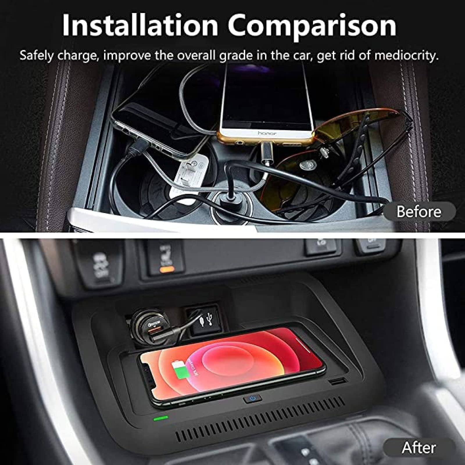 Cargador de coche inalámbrico Qi de 15 W, [sensor electromagnético] Almohadilla de carga inalámbrica para teléfono de coche rápido para toyota RAV4 2019 2020 2021 Panel de accesorios de consola