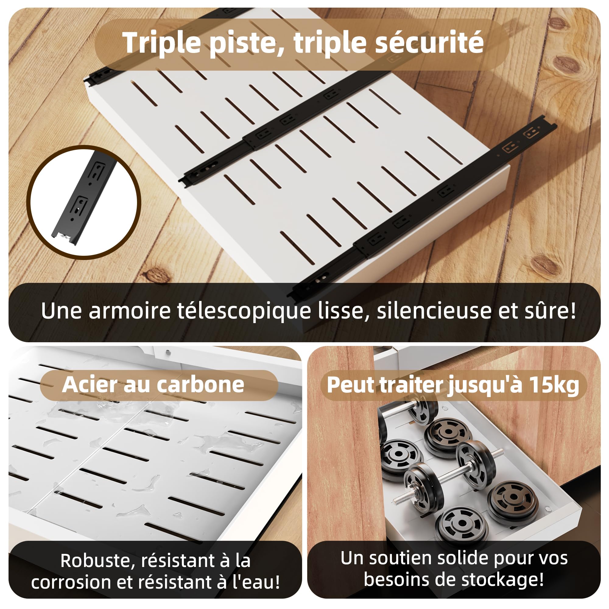 WISD Organizzatore per armadietti estraibile regolabile (32 cm - 48 cm) - Scaffale scorrevole con 3 guide, cassetto estraibile per cucina, dispensa, bagno (bianco, confezione da 2)