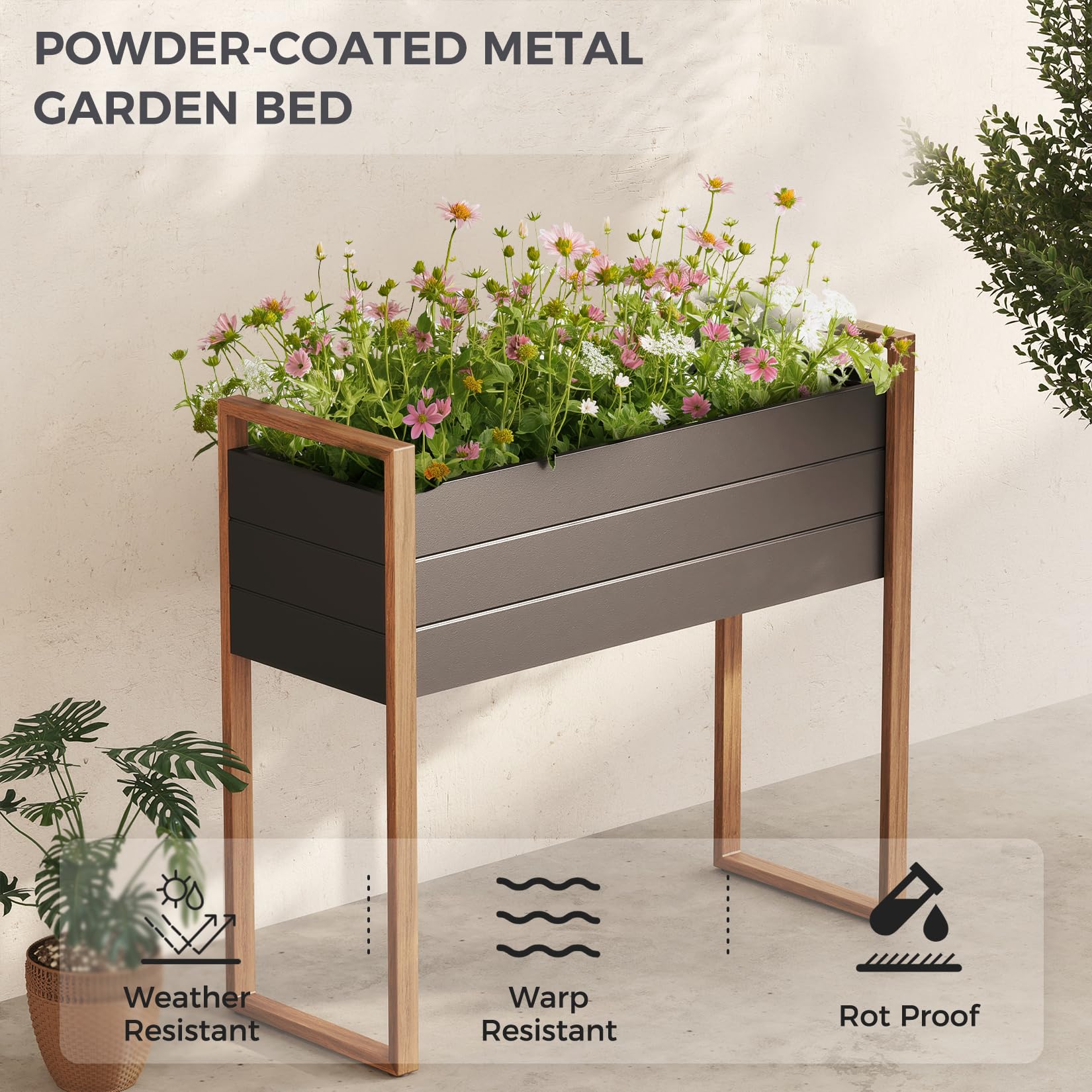 Grand patio Raised Garden Bed with Legs, Metal Elevated Planter Box with Woodgrain Finish, 39×15×36 Inch Outdoor Raised Garden Planter for Vegetables Flowers Fruits Herb, 660lb Capacity
