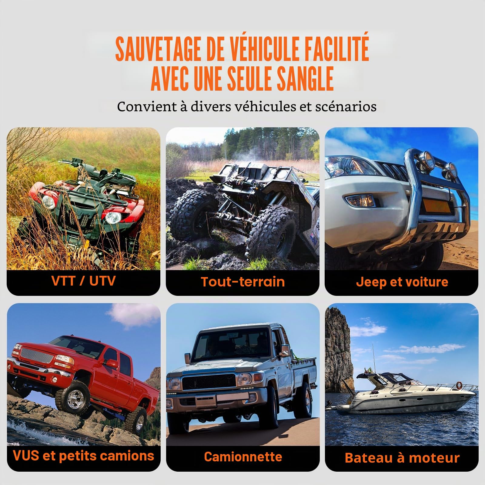 VEVOR Corde de remorquage de récupération cinétique, 25,4 mm x 9,1 m, Sangle d'arrachage Robuste Tout-Terrain, 17237 kg, énergie résistante à 30% d'élasticité pour Jeep Voiture Camion ATV UTV SUV