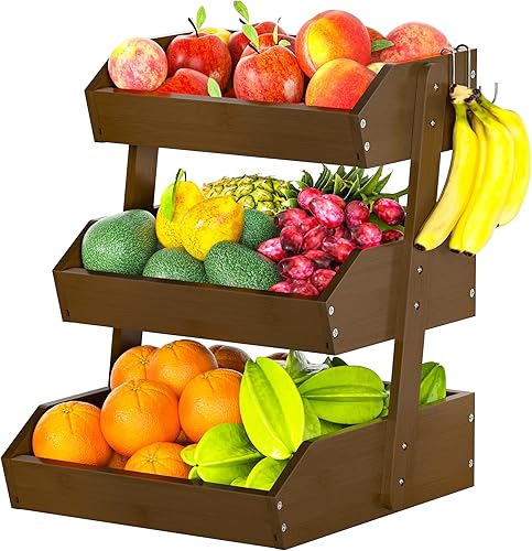 Gmtsl Cesta de frutas de bambú  Frutero de 3 niveles para encimera de cocina, soporte de frutas de gran capacidad con 2 ganchos de plátano, idea